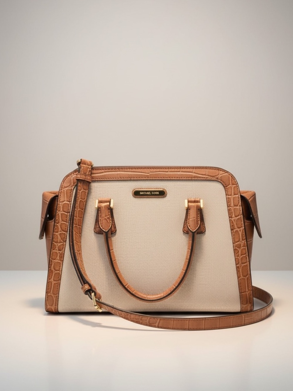 ✨ Michael Kors Croc Leather Canvas Satchel Crossbody Beige Brown ✨